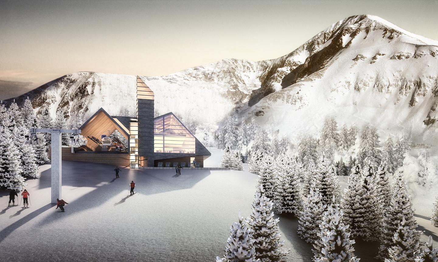 Rendering of a gondola top-terminal and restaurant concept | OZ Architecture