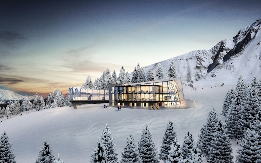 OZ concept for on-mountain gondola terminal and ski lodge