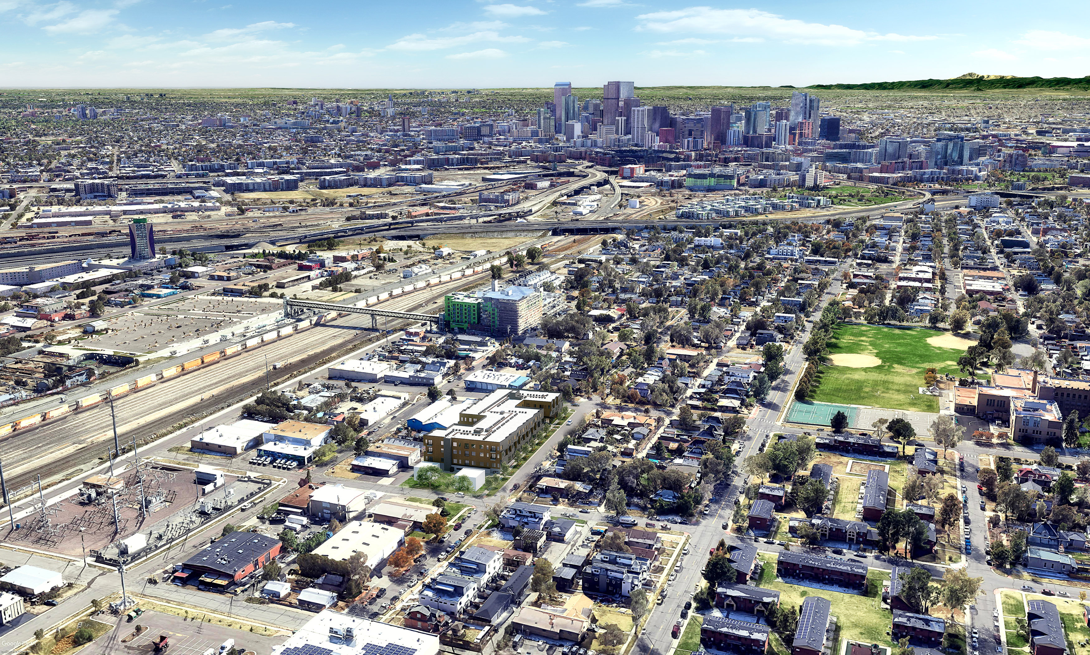 The Ayden at 4228 Kalamath St. aerial perspective | OZ Architecture