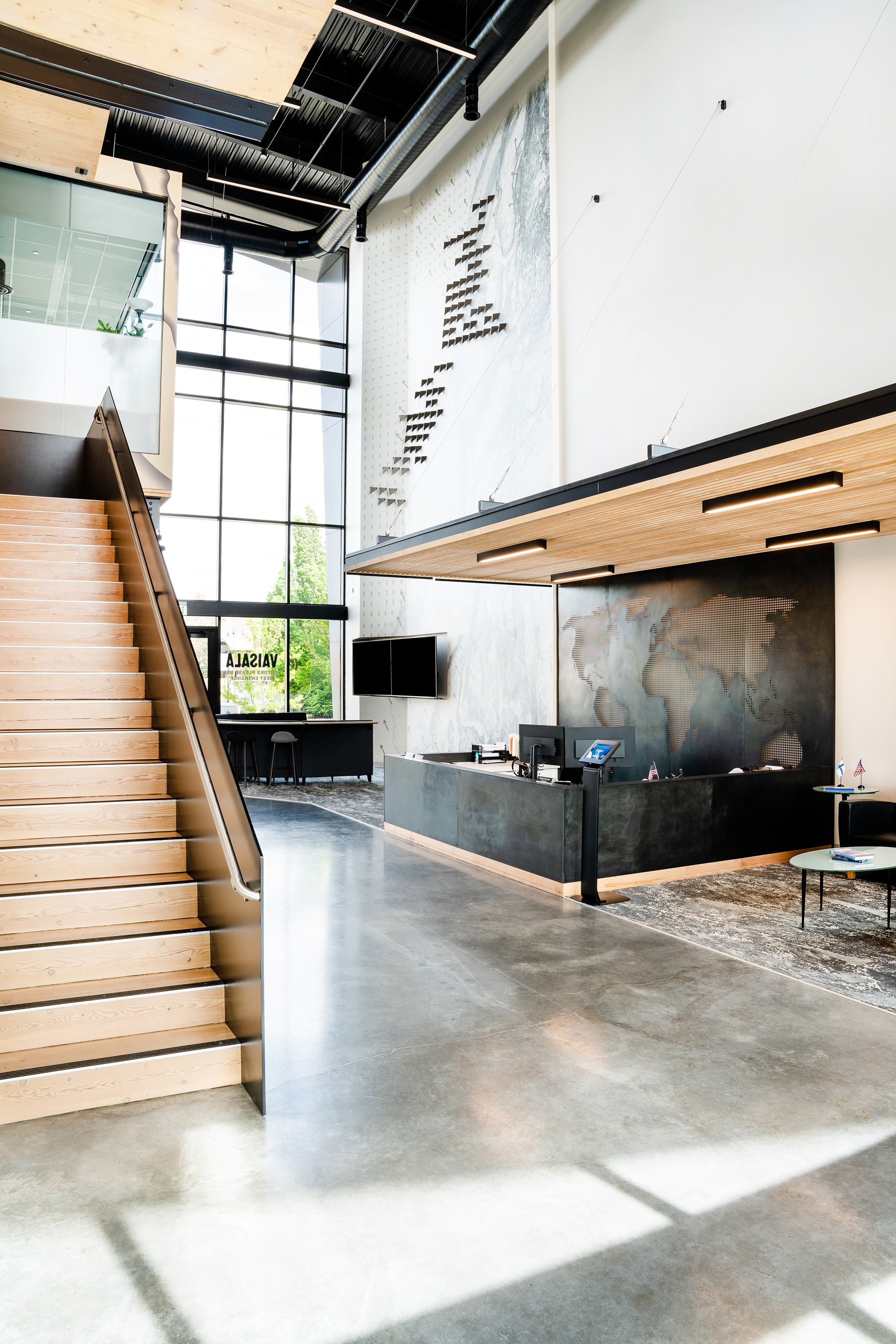 Entryway at Vaisala’s New Headquarters, with Scandinavian-inspired design elements | OZ Architecture