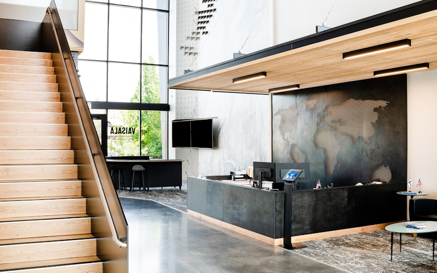 Entryway at Vaisala’s New Headquarters, with Scandinavian-inspired design elements | OZ Architecture